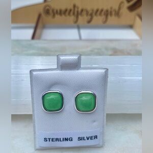 Sterling Silver Green Nephrite Jade Art Deco Style Square Shaped Earrings